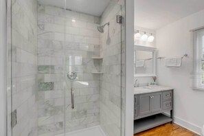 Shower, hair dryer, shampoo