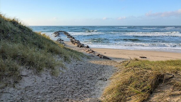 Un sentiero sulla spiaggia che conduce all'oceano, con una formazione rocciosa a sinistra e onde che si infrangono sulla riva.