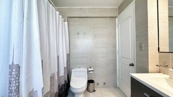Hair dryer, towels, toilet paper