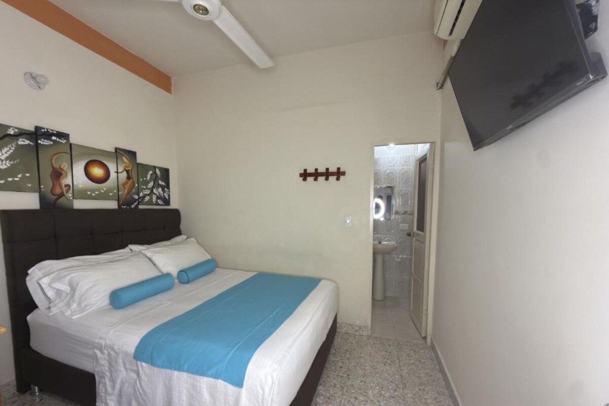 A bedroom with a bed, a ceiling fan, a TV, and artwork on the wall.