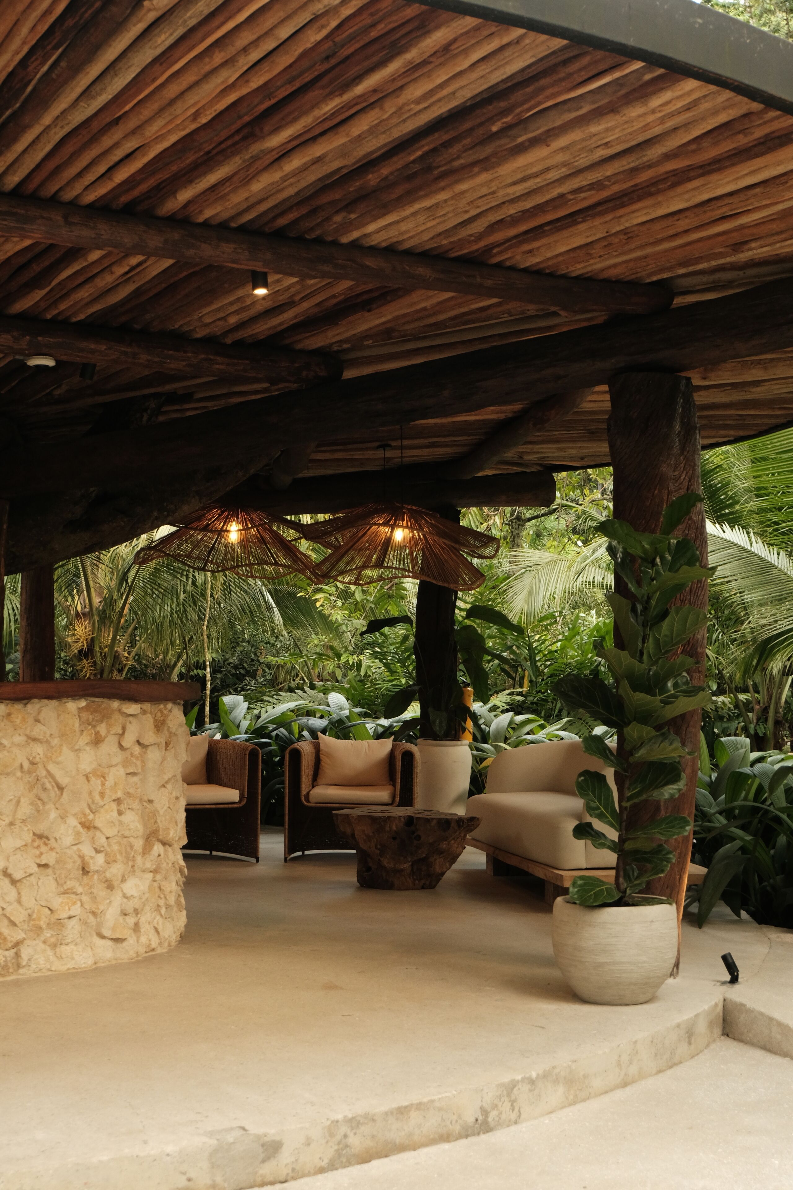 Un espacio al aire libre con paredes de piedra, muebles de madera y una planta grande en maceta.