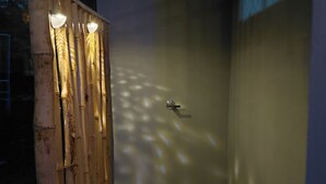 Et aflukket bruseområde med en væg af bambus og en lampe i loftet.