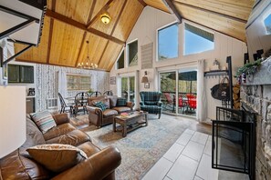 TV, fireplace - 5BR Pocono Chalet | Sauna+Hot Tub | Sleeps 14 (Lake Harmony)