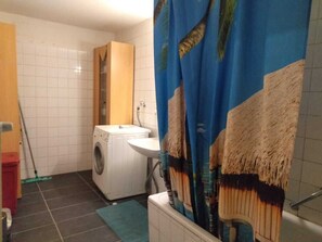 Hair dryer, towels, toilet paper