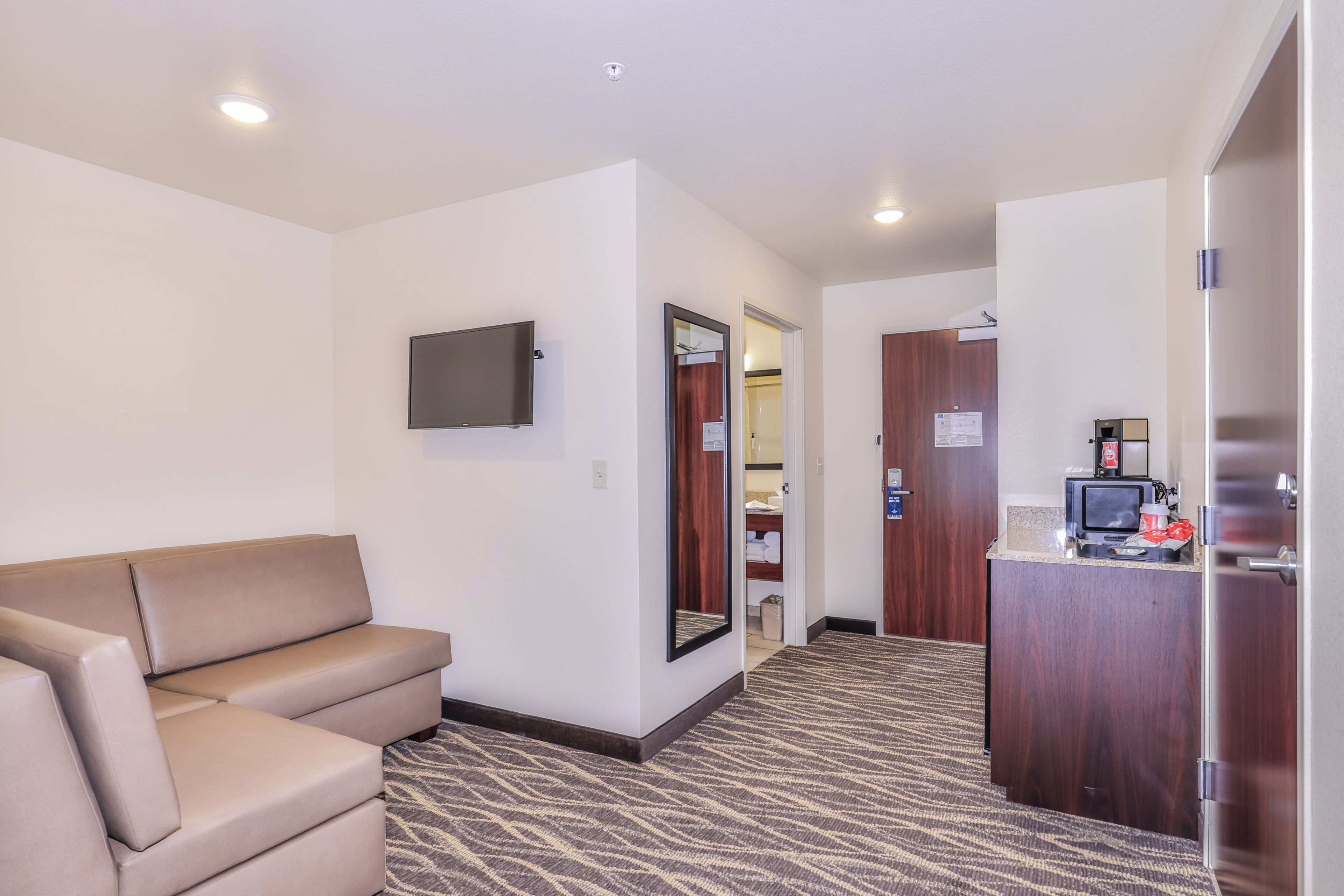 A hotel room with a sofa, a television, a mirror, a kitchenette, and a door leading to a bathroom.