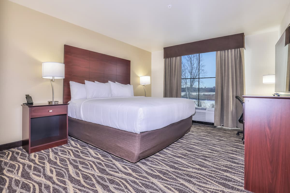 Hotelkamer met een groot bed, nachtlampjes, een bureau en uitzicht op de omgeving.
