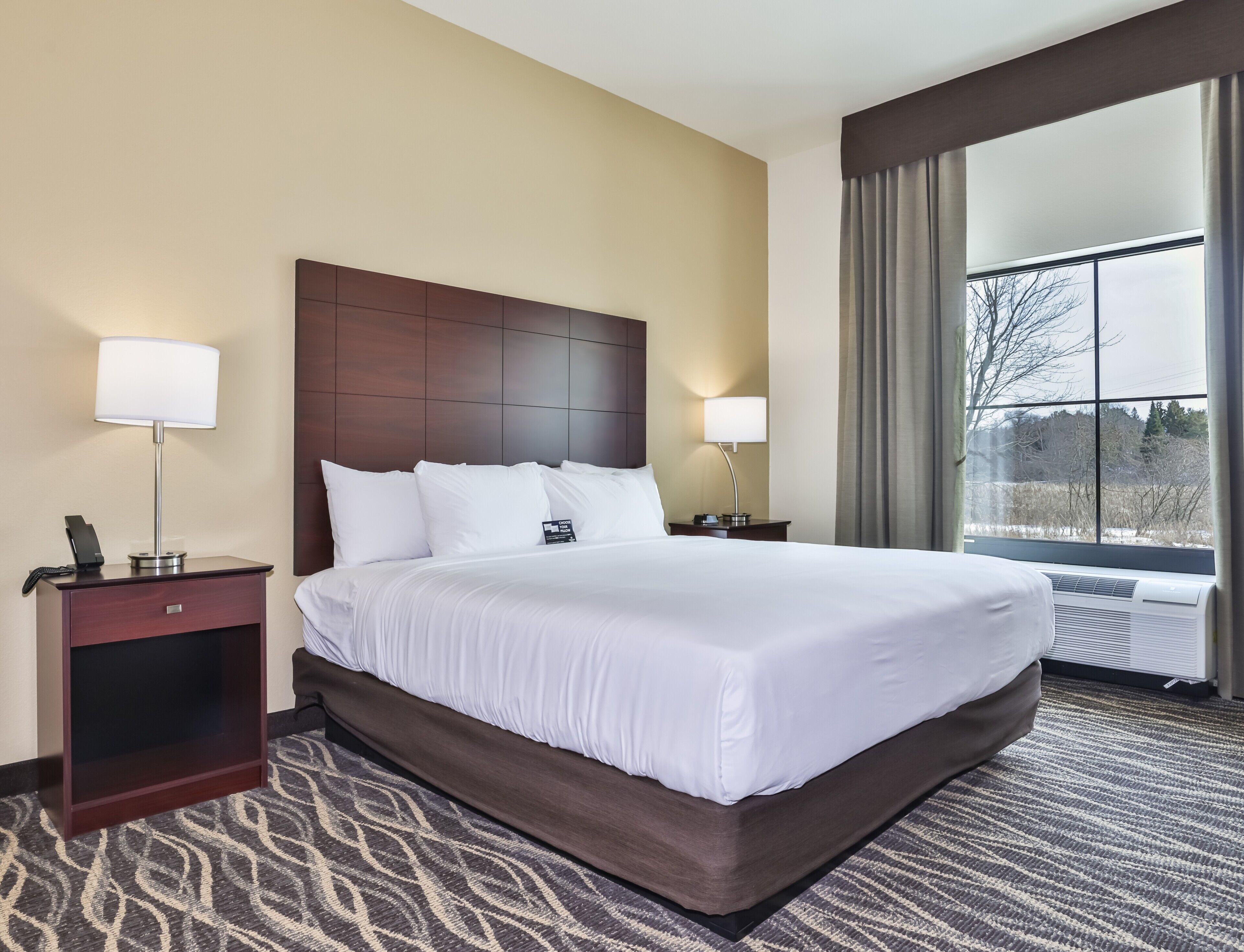 Quarto de hotel com uma cama grande, duas mesas de cabeceira, uma luminária em cada uma, uma janela com cortinas e vista para árvores.