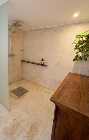 Secadora de cabello, toallas, jabón, papel de baño 