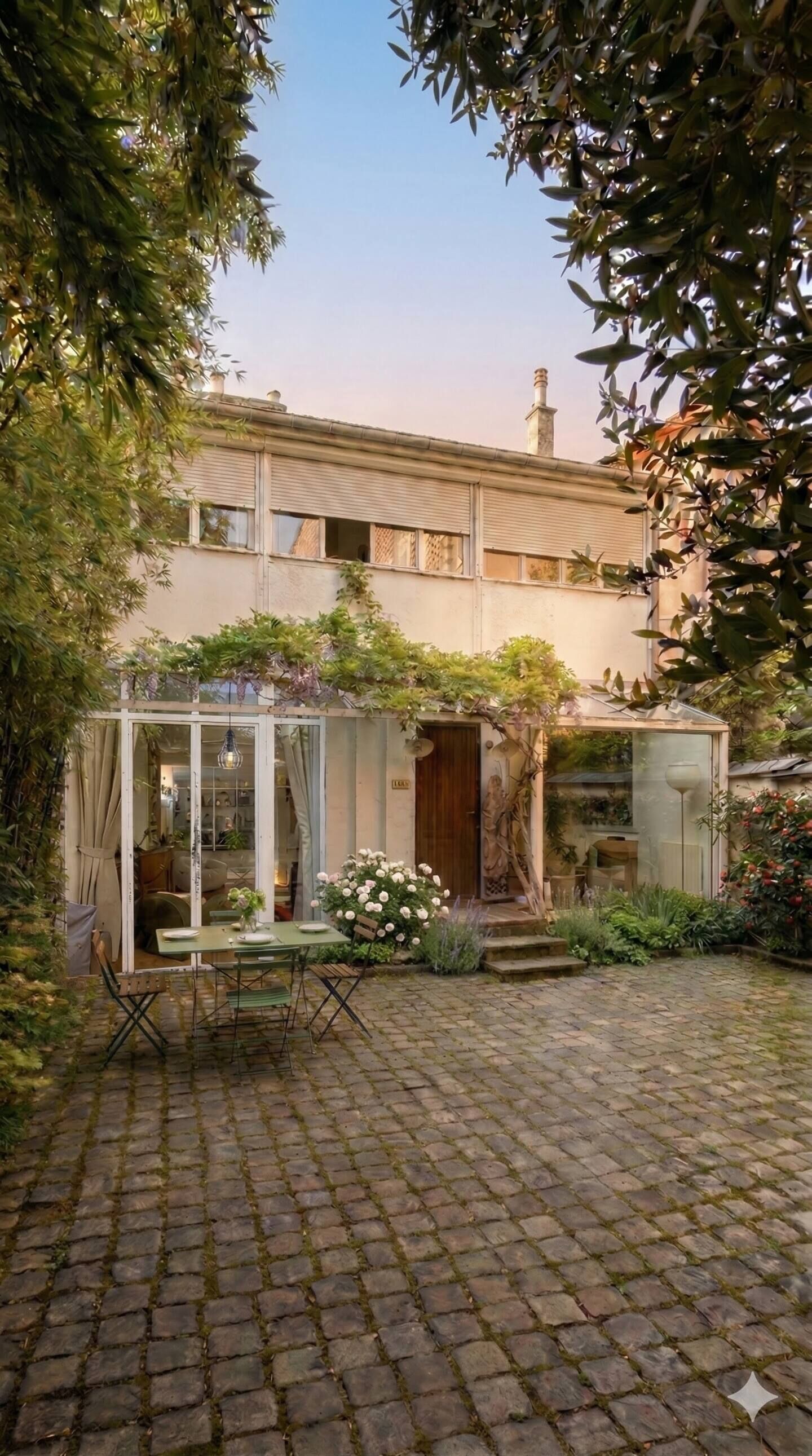 Ein Innenhof mit Kopfsteinpflaster, einem Glastür-Eingang und einem kleinen Tisch mit Stühlen.
