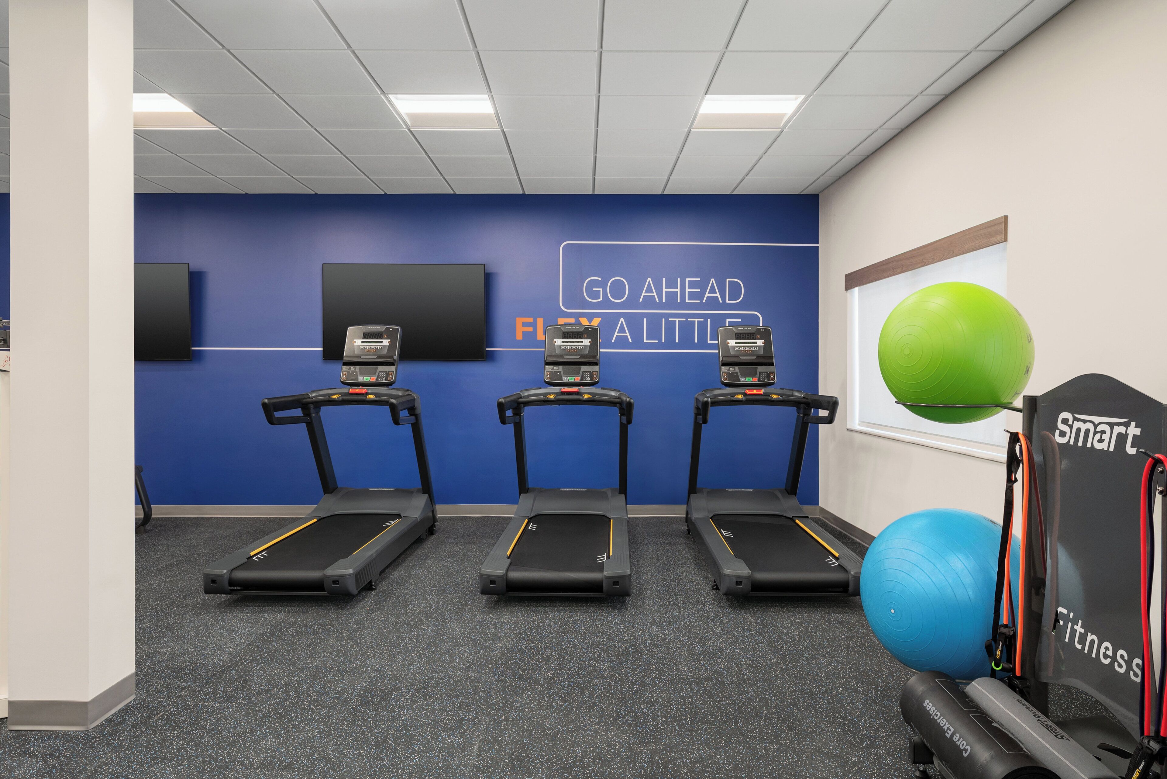 Gimnasio con cintas de correr, una pantalla en la pared y pelotas de ejercicio.