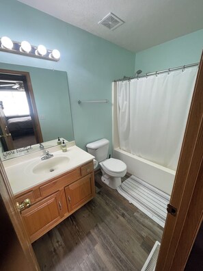 Shower, hair dryer, soap - Spacious 4-bedroom house in tranquil Omaha with AC (Omaha)