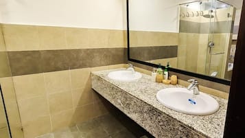 Shower, jetted tub, hair dryer, towels
