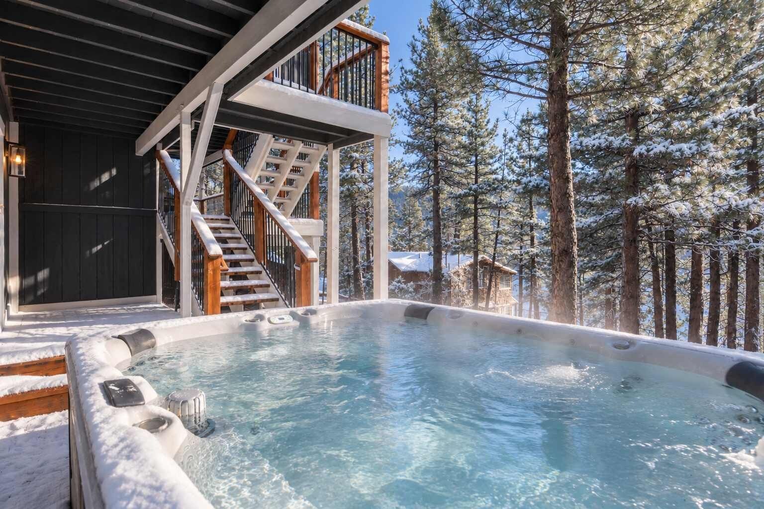 A hot tub surrounded by snow-covered trees, a wooden staircase, and a building with a dark facade.