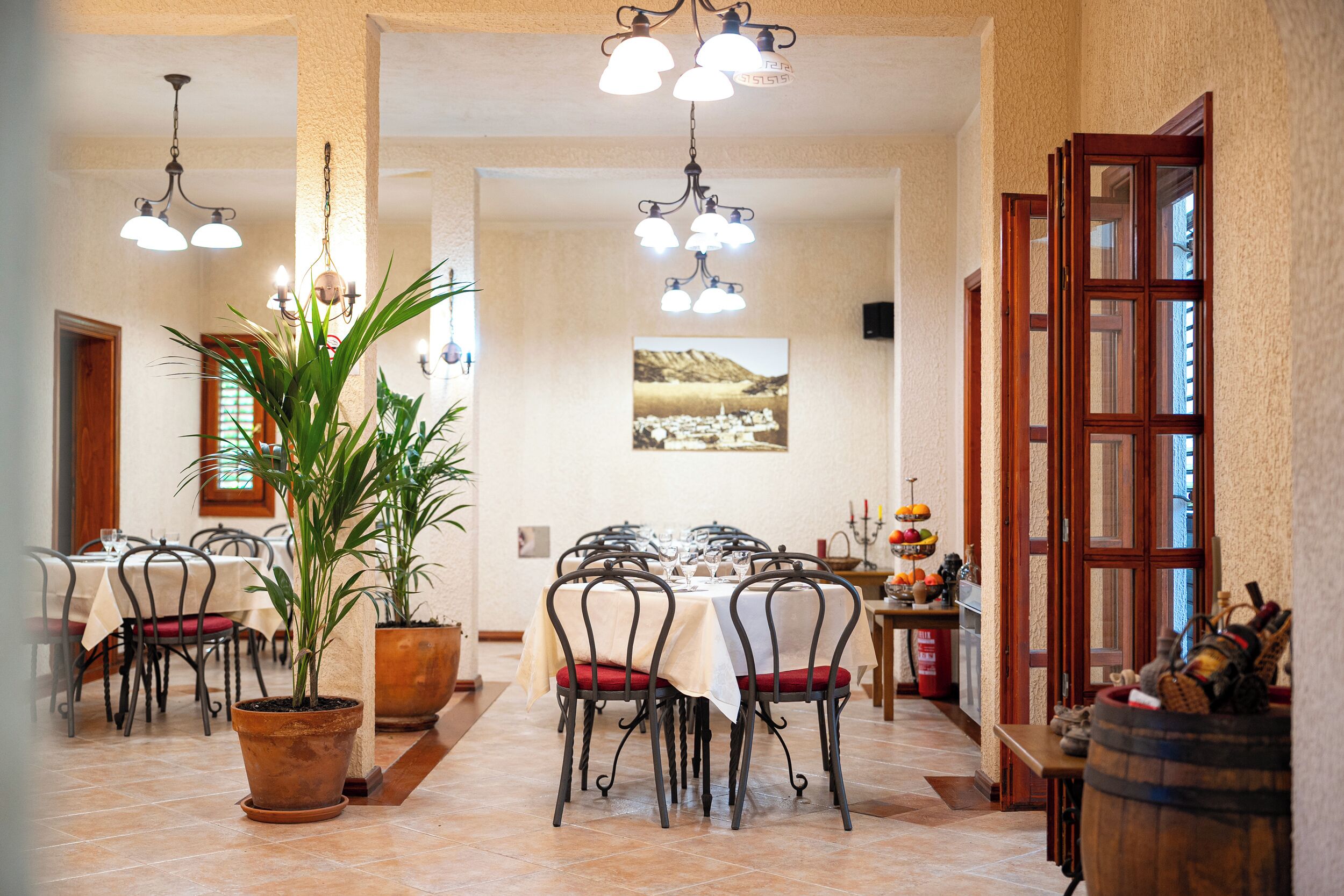 A dining area with tables, chairs, potted plants, and hanging lights.