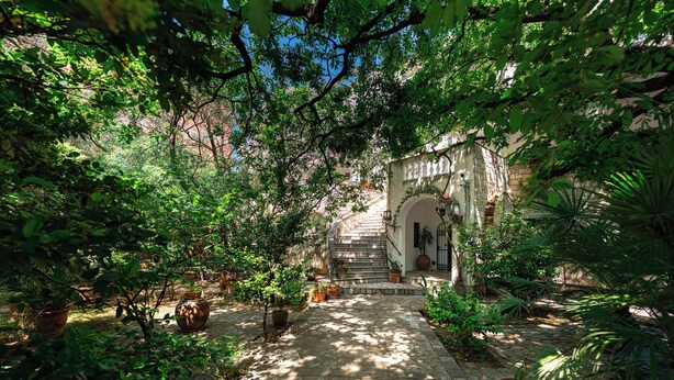 A stone pathway leading to a building with an arched entrance, surrounded by lush greenery and potted plants. - Hotel Dubrava (Budva)