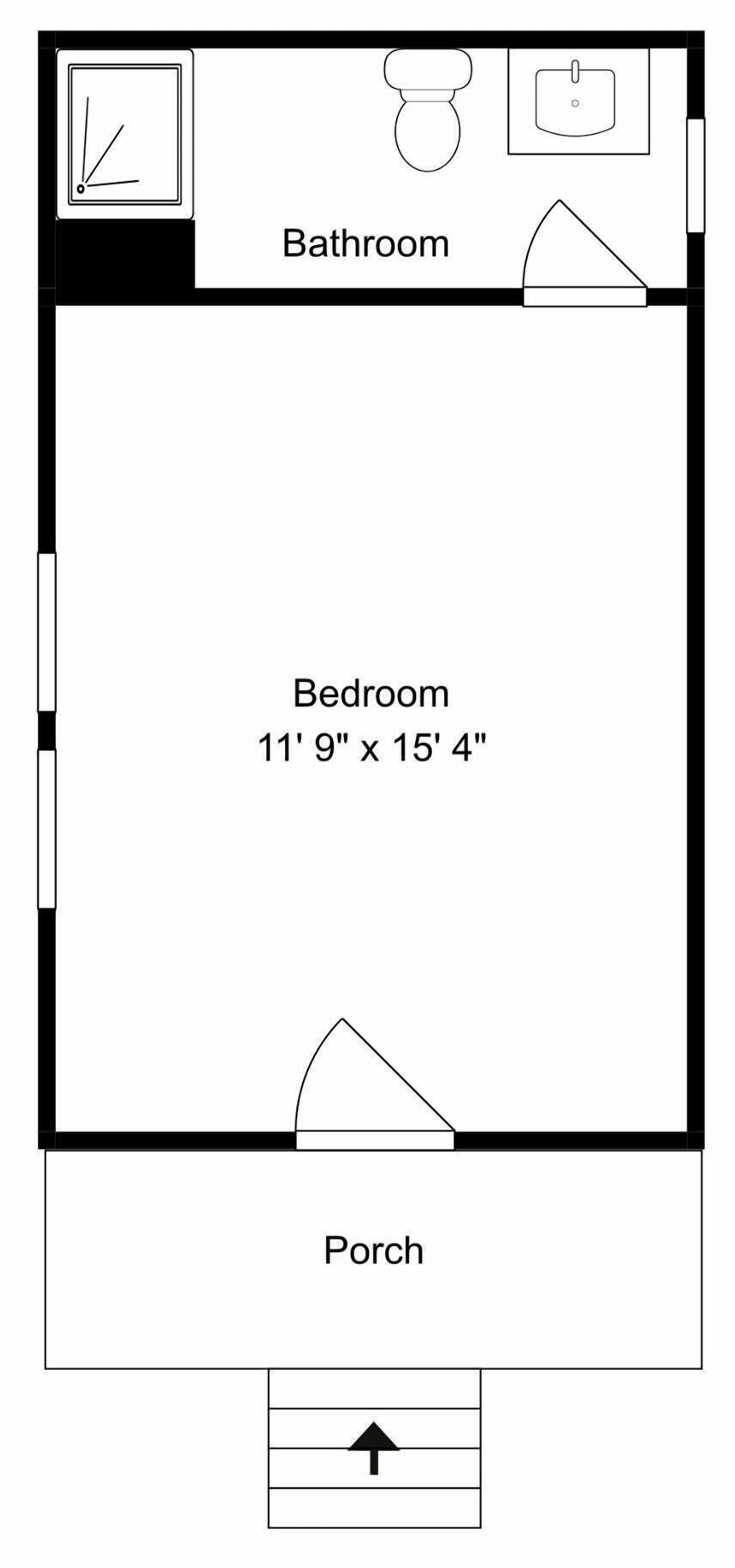 Une chambre de 3,6 m x 4,7 m, avec une salle de bain et une véranda.