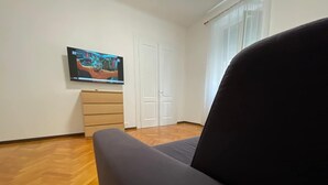 Un saló amb un sofà fosc, un paviment de fusta en disseny de guineu, un televisor penjat a la paret, una porta blanca i una finestra amb cortines.
