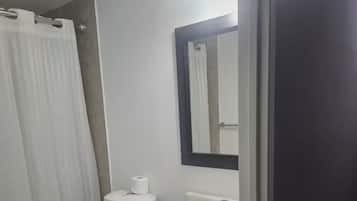 Hair dryer, towels, soap, shampoo