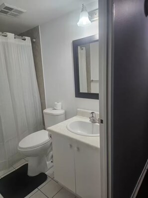 Hair dryer, towels, soap, shampoo