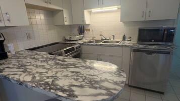 Fridge, microwave, coffee/tea maker, cookware/dishes/utensils
