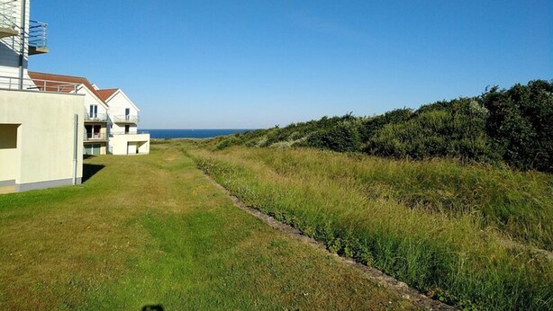 Ein Küstenwohngebiet mit modernen Häusern, einem Rasenweg und freiem Blick auf das Meer.