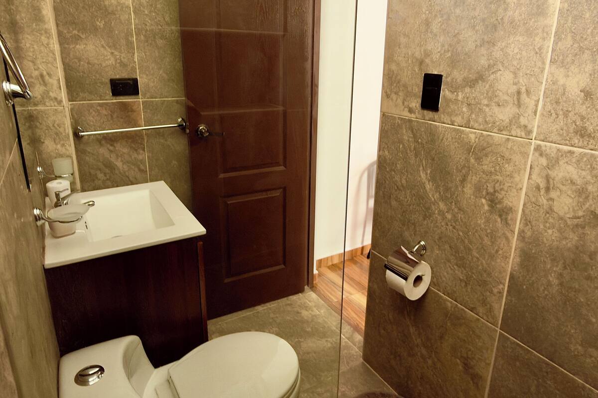 A bathroom with a toilet, sink, and shower area.