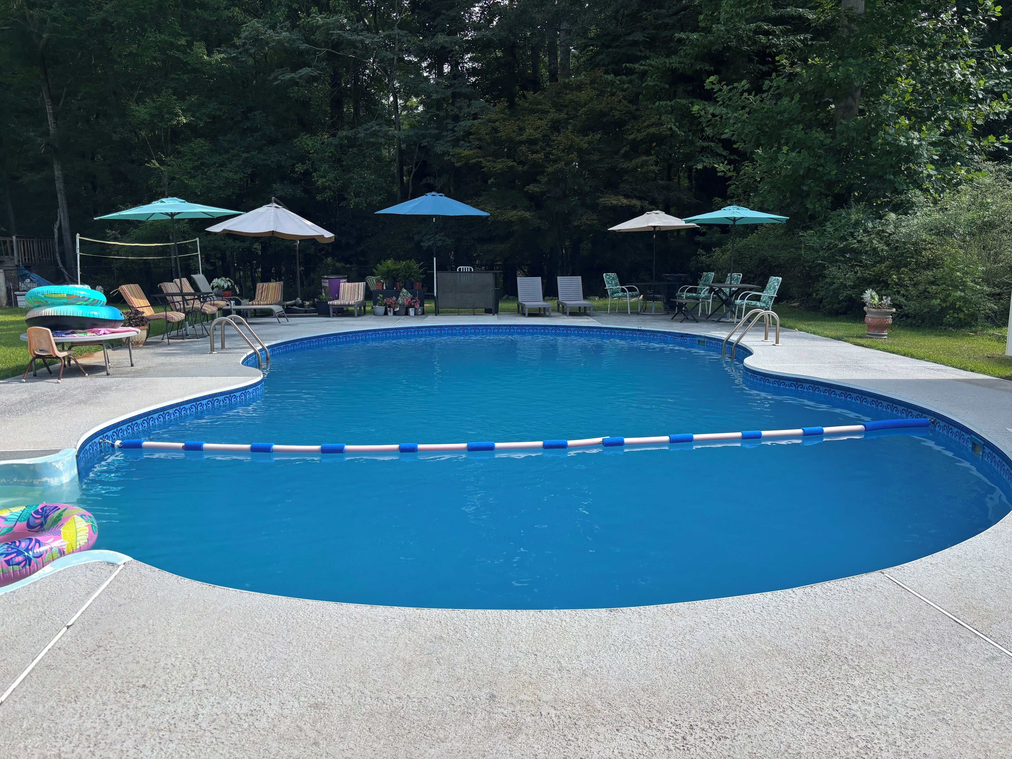 A swimming pool with a curved edge, surrounded by lounge chairs and umbrellas.