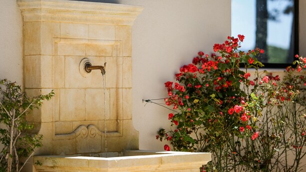 Een stenen fontein met water dat uit een centraal punt spuit, omringd door rode bloemen en een raam op de achtergrond.