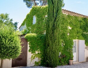 Un bâtiment à la façade blanche, en partie recouverte de lierre vert.