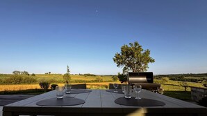 An outdoor dining table with a view of a vineyard and a tree. - Le Pavillon blanc - CAHUZAC-SUR-VERE (CAHUZAC-SUR-VERE)