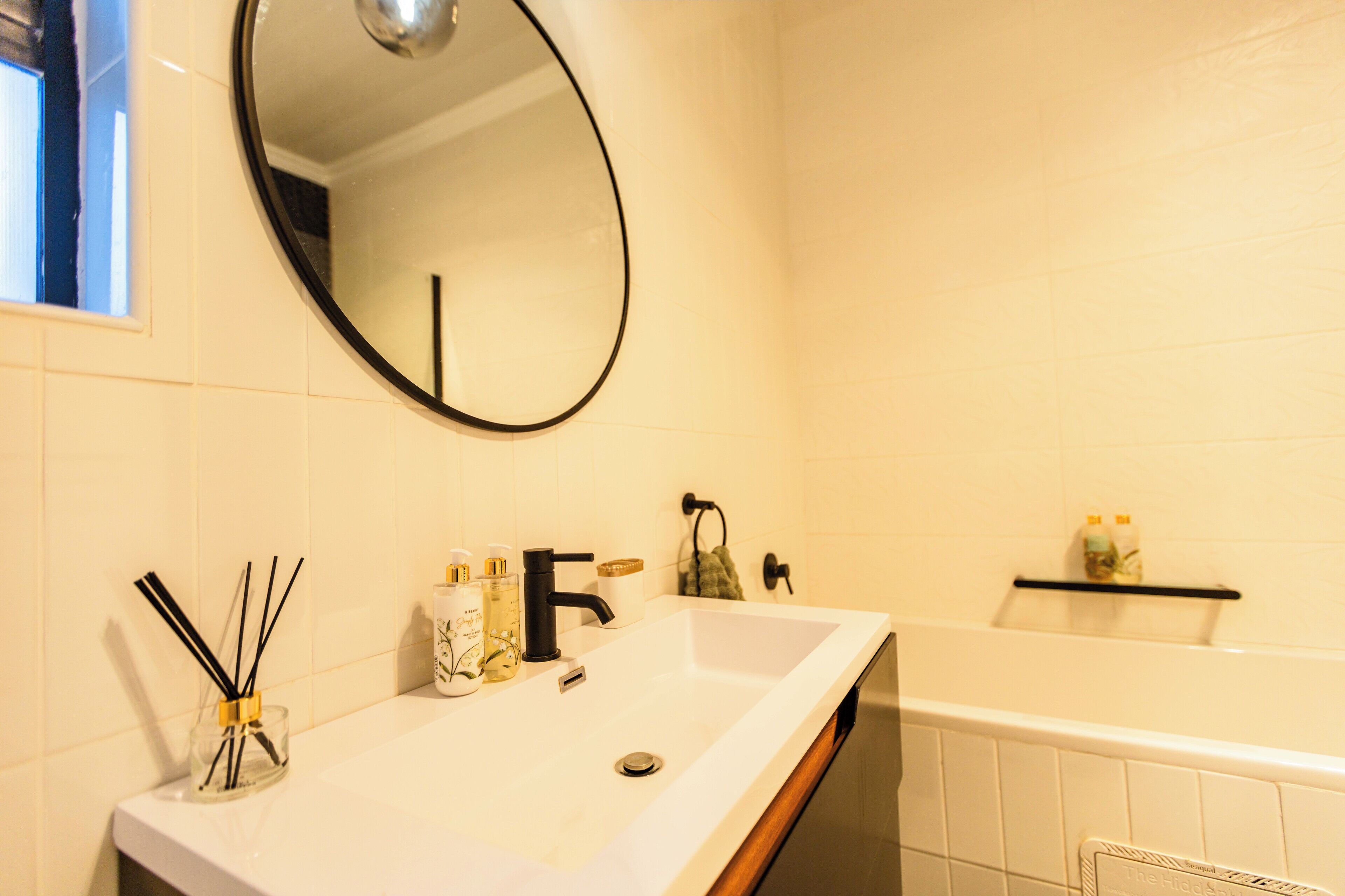 Hair dryer, towels, soap, toilet paper