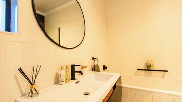 Hair dryer, towels, soap, toilet paper