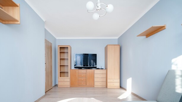 A modern living room with a sofa, a TV, wooden cabinets, and a ceiling light. - Park nad Jasieniem Studio (Łódź)