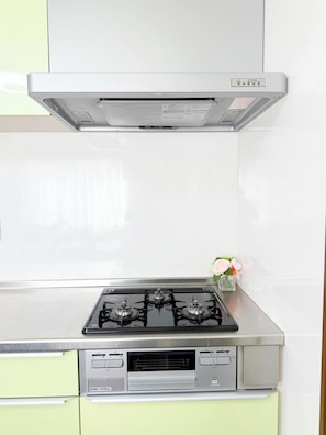 A kitchen with a gas stove, a stainless steel range hood, and a small vase with flowers on the countertop. - 5min walk to Tsuruhashi station near onsen and shopping streets (Osaka)