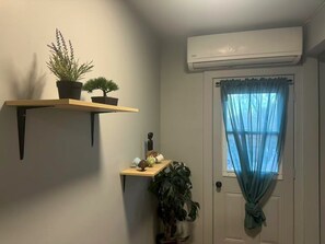 Ein Zimmer mit Tür, Klimaanlage, Fenster mit blauer Vorhang und Regale mit Pflanzen und Dekorationsgegenständen.