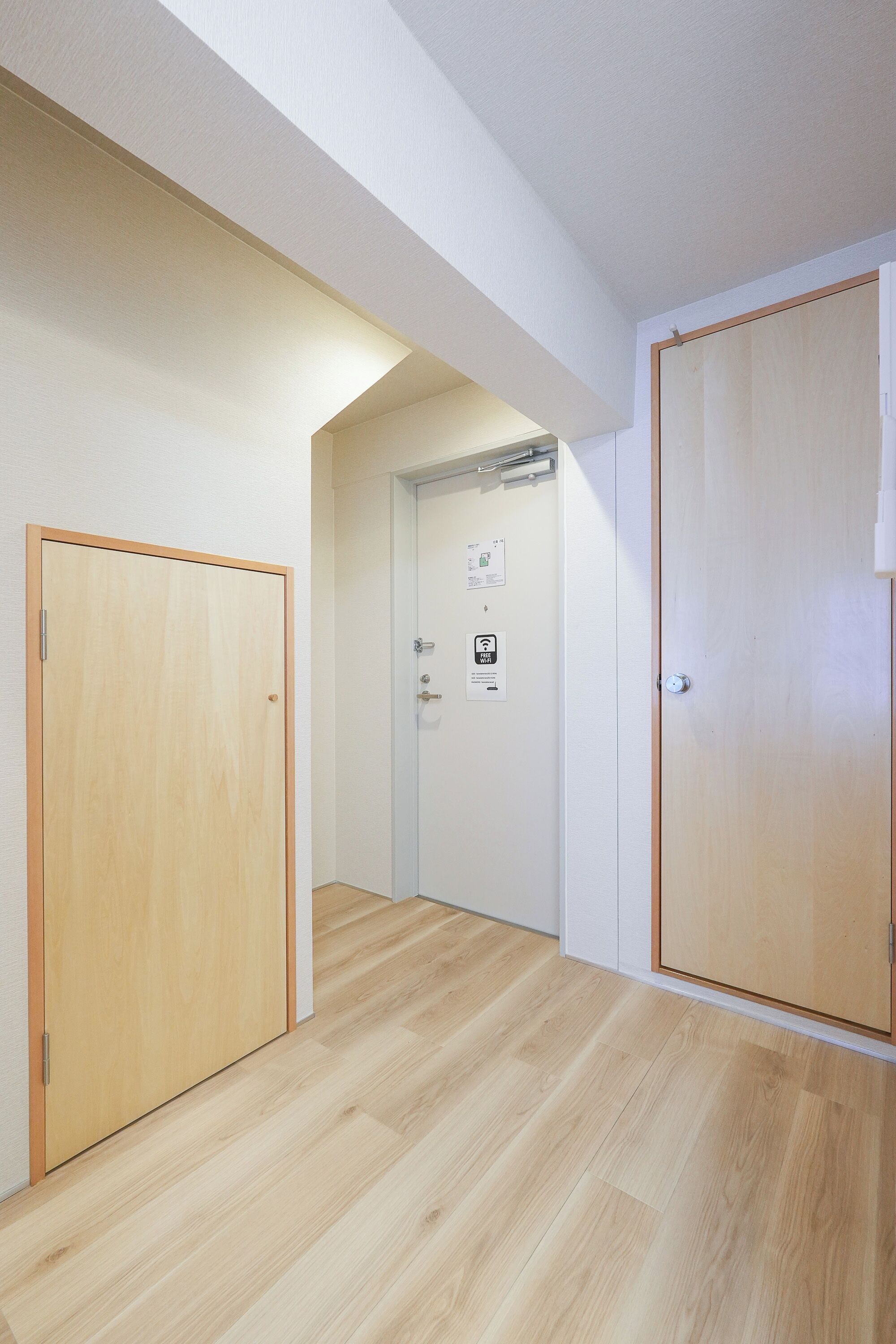 Un couloir doté d’un plancher en bois, de murs blancs et de deux portes en bois.