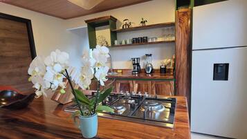 Fridge, microwave, stovetop, coffee/tea maker
