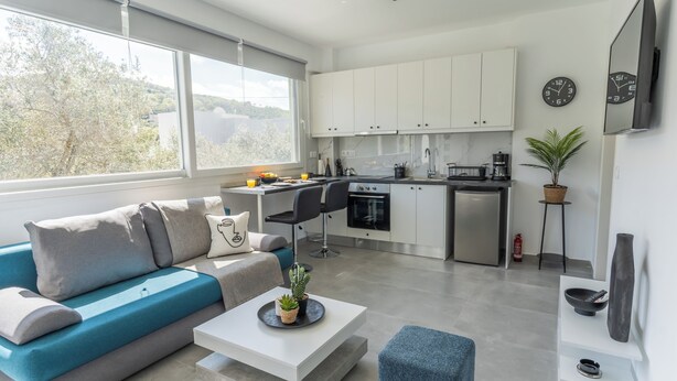 A modern living room with a sofa, coffee table, and a view of the kitchen. - Basil Leaf - Minimal View Retreat (Gonia)
