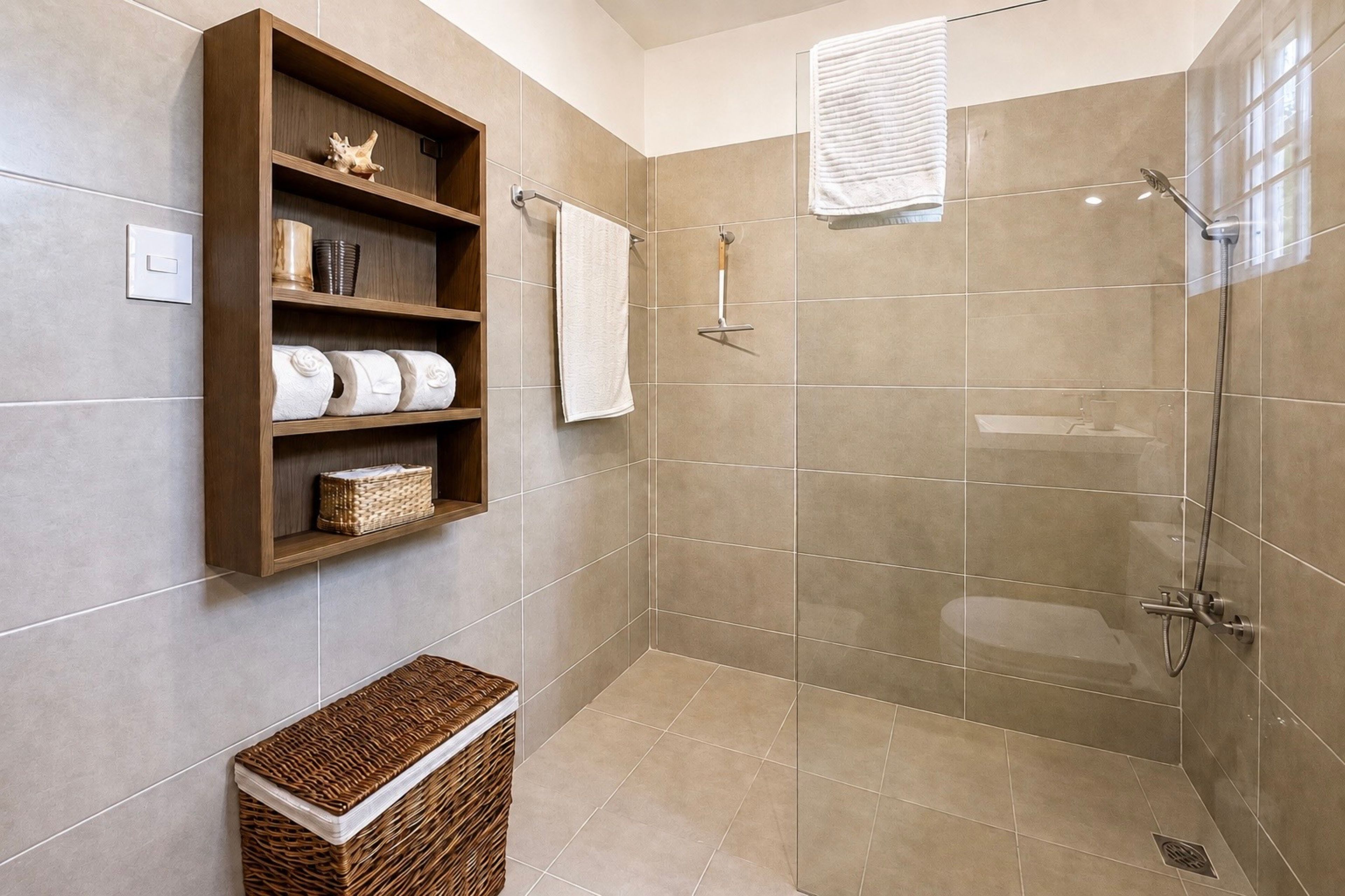 A modern bathroom with a walk-in shower, a wooden shelf with toiletries, and a wicker basket.