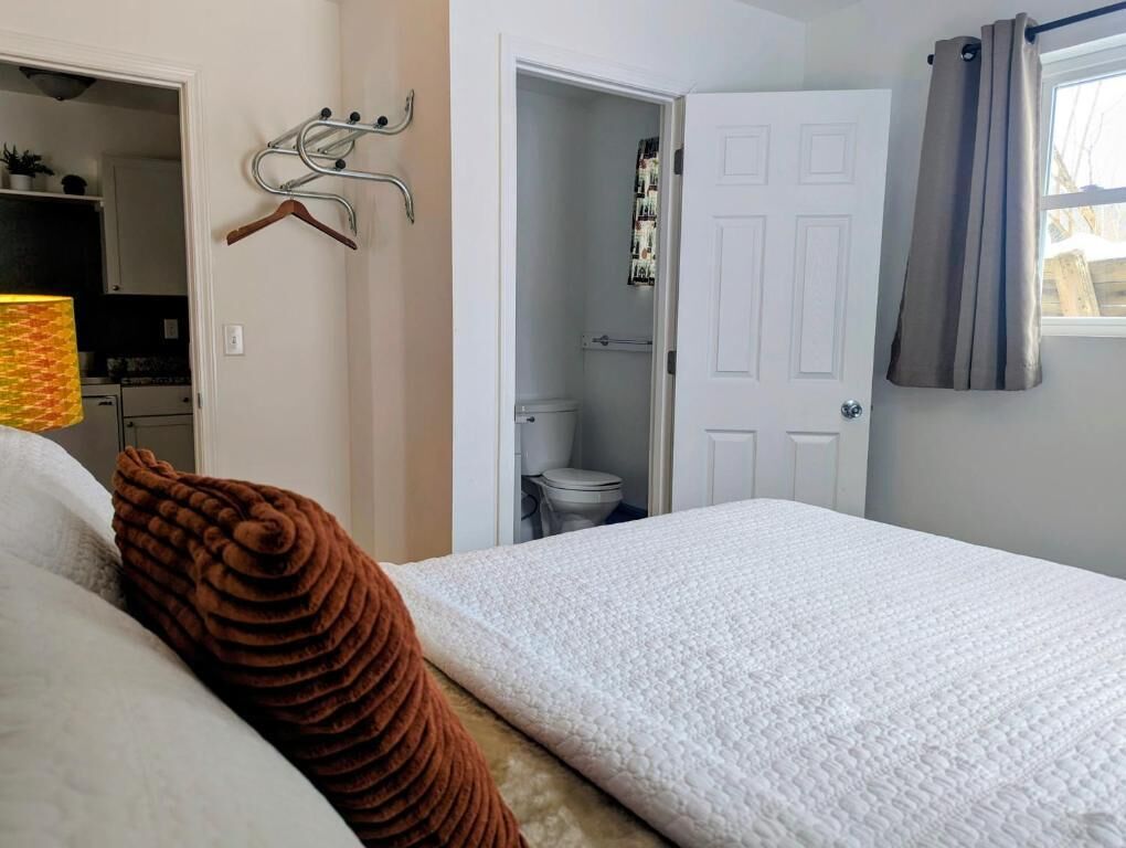 A bedroom with a bed, a closet, a bathroom, and a window with curtains.
