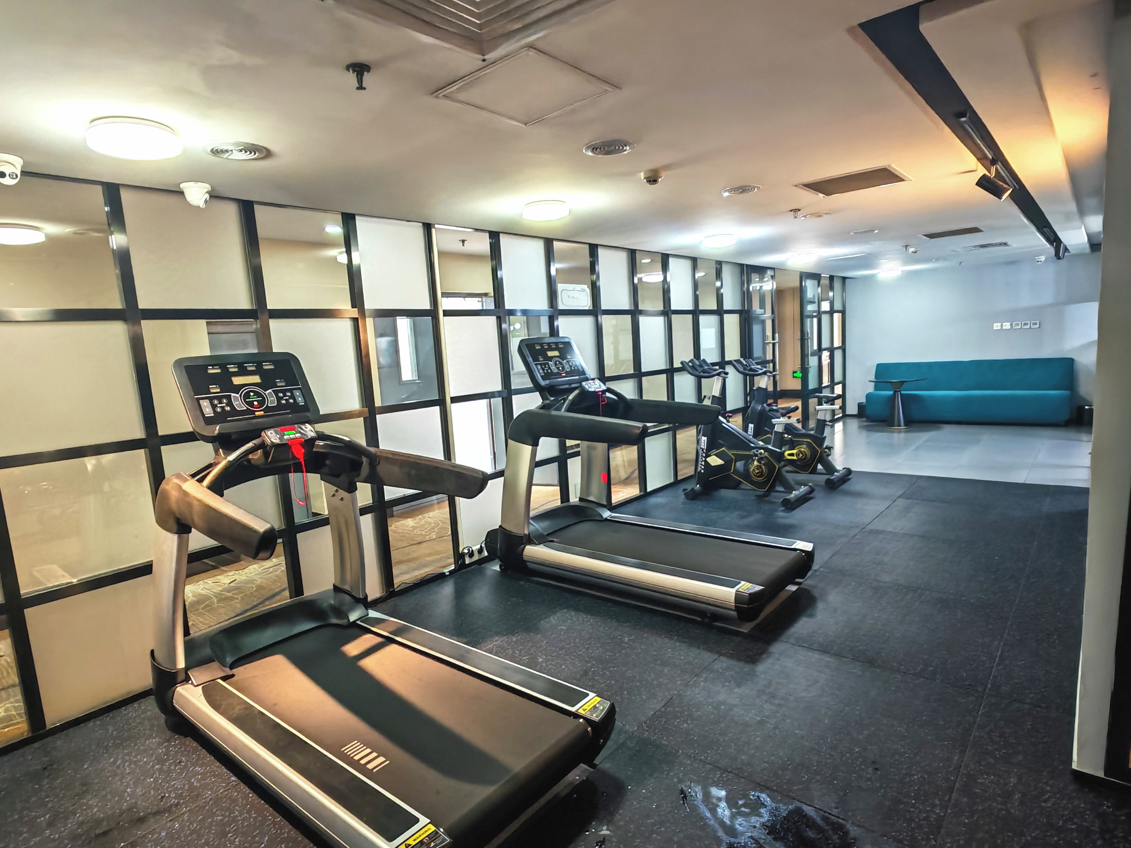 A gym with treadmills, exercise bikes, and a blue couch.
