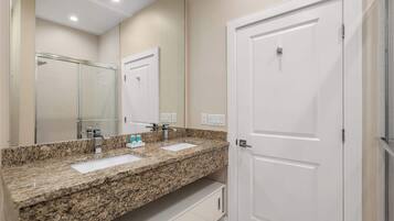 Shower, hair dryer, shampoo