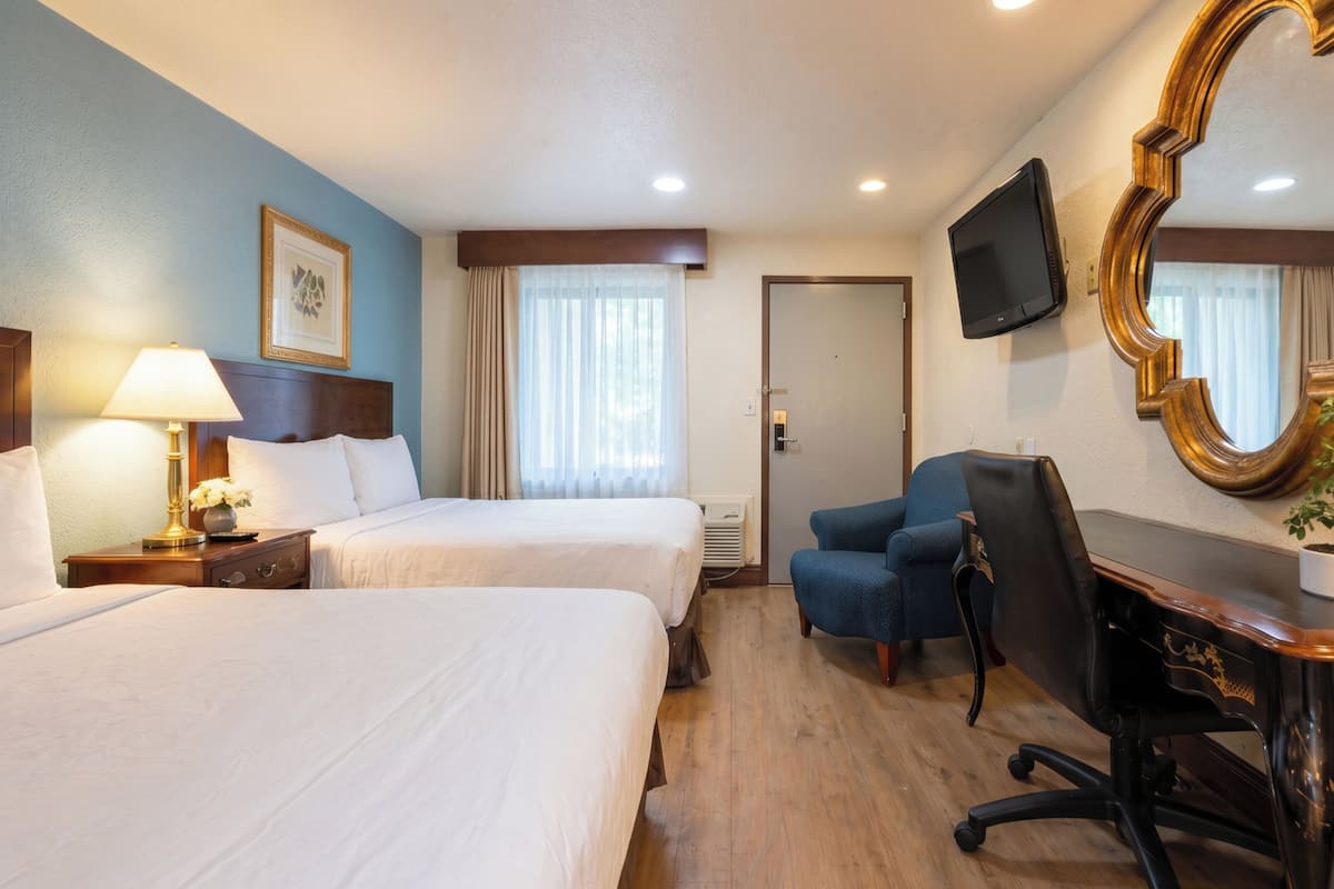 A hotel room with two beds, a desk, a chair, a television, and a large mirror.
