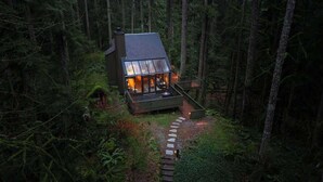 Eine Holzhütte im Wald mit Glasfront, umgeben von Bäumen.