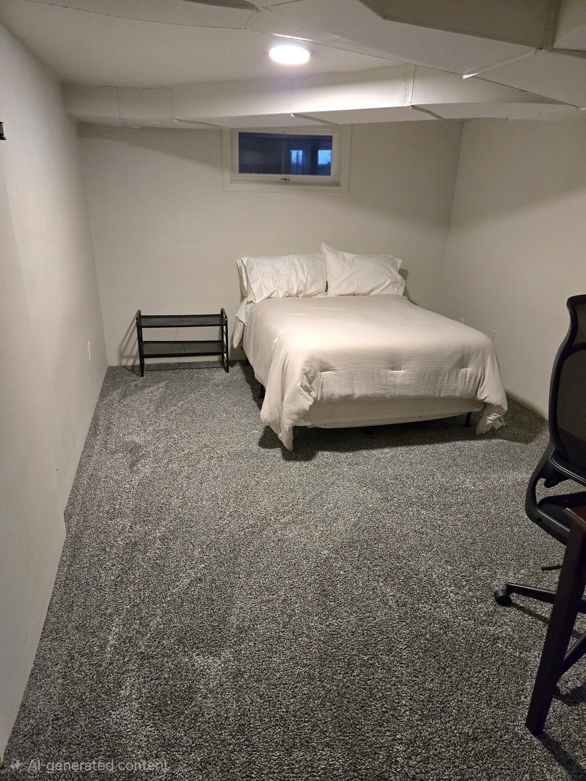 Ein kleiner, schwach beleuchteter Raum mit einem Bett, einem Fenster und einem Stuhl.