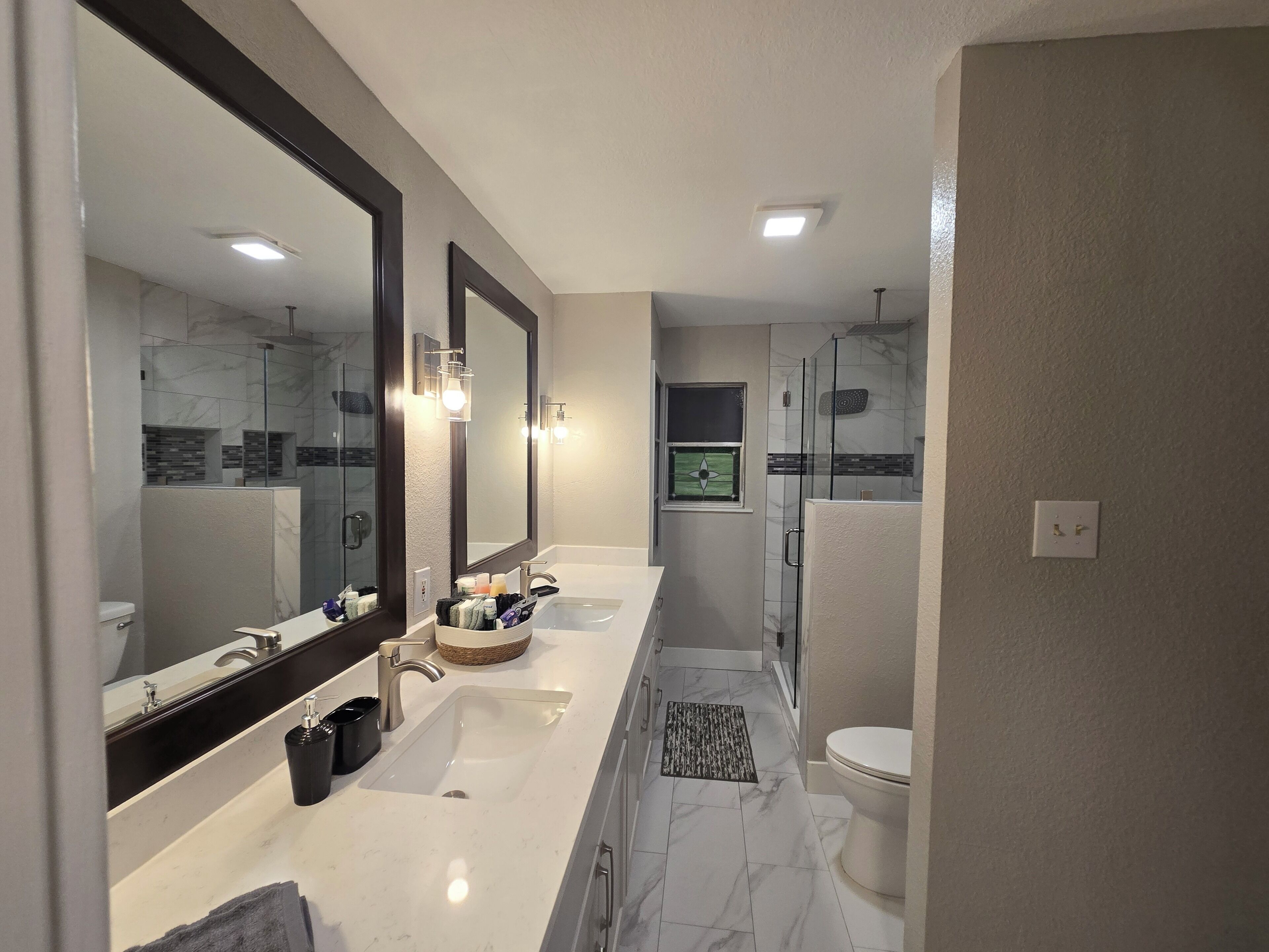 Hair dryer, towels, soap, toilet paper