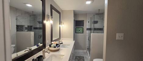 Hair dryer, towels, soap, toilet paper