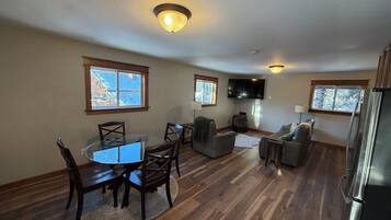Smart TV, fireplace, books