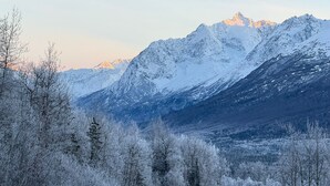 Ein verschneites Gebirge mit einer kurvenreichen Straße, die durch einen Wald führt.