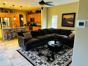 Smart TV, fireplace, video games, DVD player